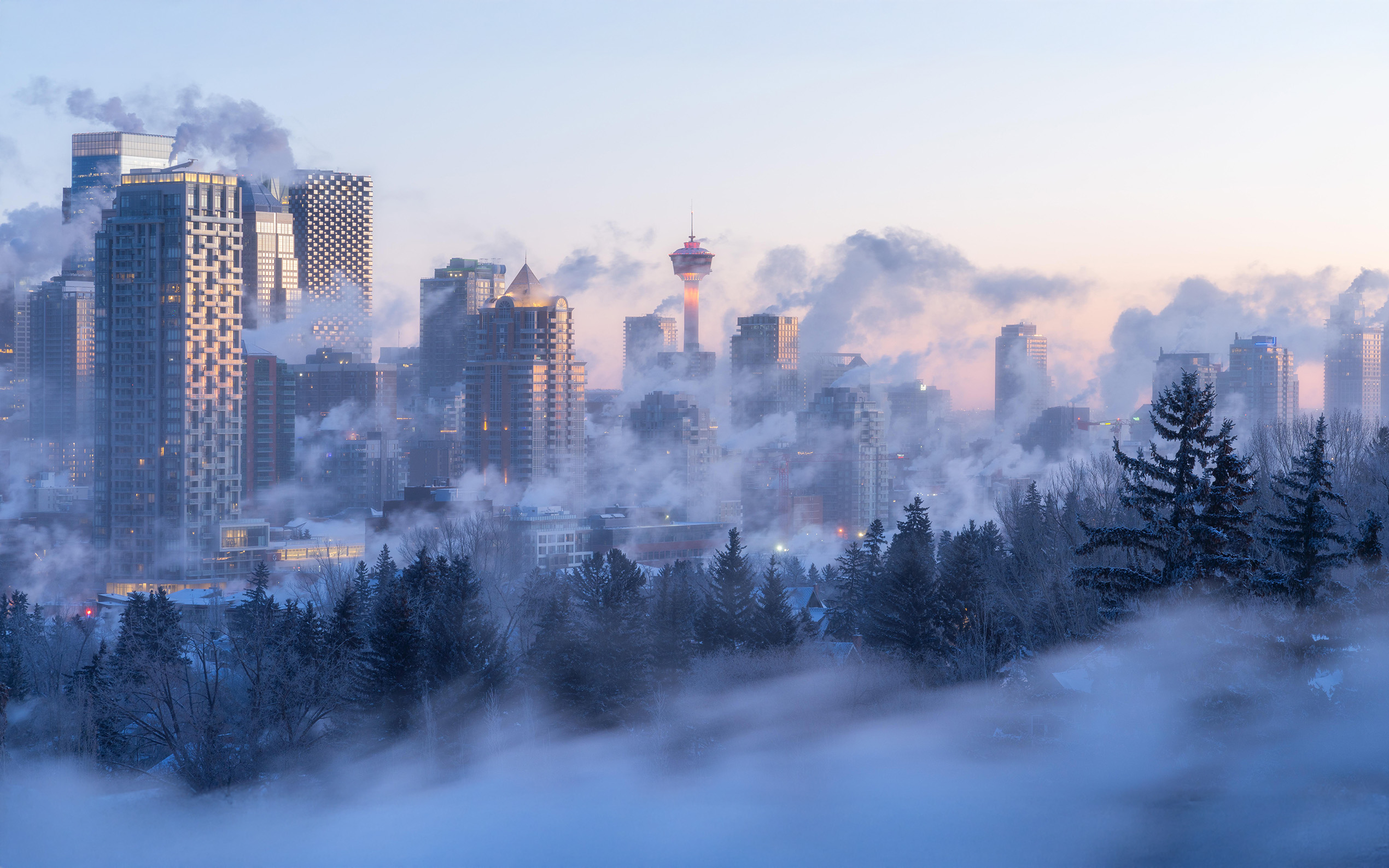 City skyline at dawn in winter